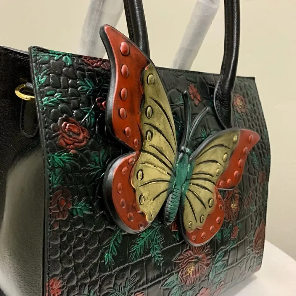 Hand Painted Genuine Leather Floral Embossed with 3D Butterfly Handbag